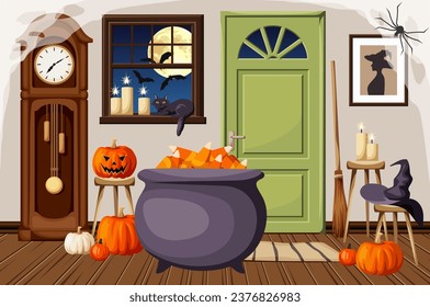 Witches room decorated for Halloween. Spooky Halloween interior with a cauldron, candles, grandfather clock, and spider web. Cartoon vector illustration. Handmade illustration, not AI