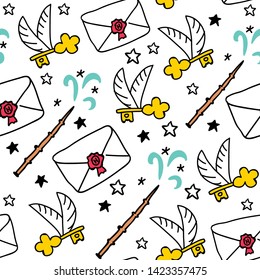 Witches school magical objects seamless pattern in doodle style. Vector illustration - Vector 