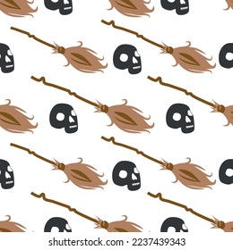 Witches school of magical objects seamless pattern in flat style. Broom, candle, skull, zipper, scarf, hat, potion, glasses, knife