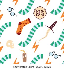 Witches school of magical objects seamless pattern in flat style. Broom, candle, skull, zipper, scarf, hat, potion, glasses, knife