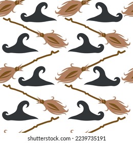 Witches school of magical objects seamless pattern in flat style. Broom, candle, skull, zipper, scarf, hat, potion, glasses, knife