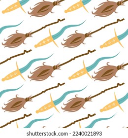 Witches school of magical objects seamless pattern in flat style. Broom, candle, skull, zipper, scarf, hat, potion, glasses, knife