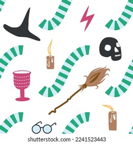 Witches school of magical objects seamless pattern in flat style. Broom, candle, skull, zipper, scarf, hat, potion, glasses, knife