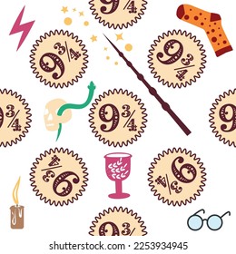 Witches school of magical objects seamless pattern in flat style. Broom, candle, skull, zipper, scarf, hat, potion, glasses, knife