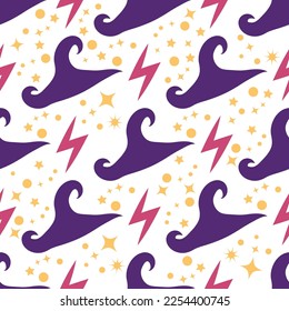 Witches school of magical objects seamless pattern in flat style. Broom, candle, skull, zipper, scarf, hat, potion, glasses, knife