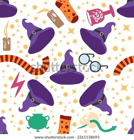 Witches school of magical objects seamless pattern in flat style. Broom, candle, skull, zipper, scarf, hat, potion, glasses, knife