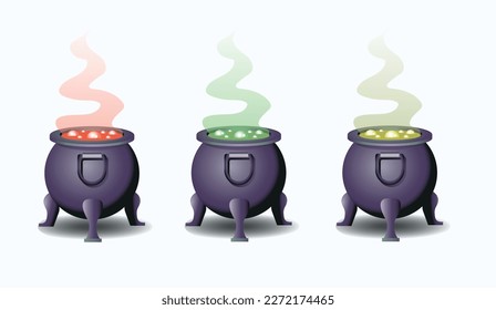 Witches сauldron set with potion on white background. Vector art illustration