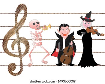 Witches, skeletons, and vampires play musical instruments on Halloween Day.