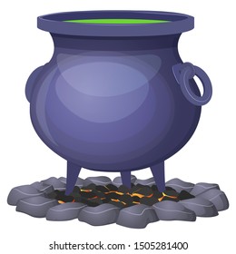 Witches steel cauldron with green potion. Burning hearth with coals. Isolated on white background. Decorative element for Halloween. Vector illustration.