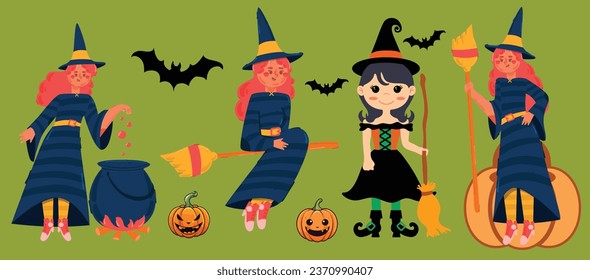 Witches Vector Set for Halloween, Cartoon Set Halloween Illustration with Bat and Pumpkin in Spooky Season