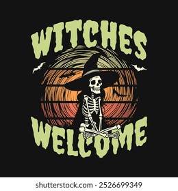 Witches Welcome. Skeleton Witch Doing Yoga. Funny Halloween Vintage Retro T Shirt Design. 