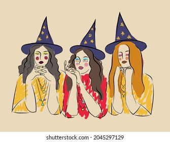 Witches, women, girls in abstract minimalism style with yellow, red colorful elements. Creative design for social media, postcards, posters.