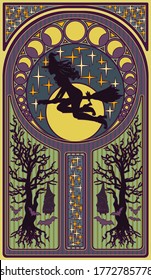 Witch-girl with a moon, art nouveau style card, vector illustration