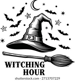 Witching hour typography with magic hat and broom for halloween logo, spooky holiday badge, fantasy witch emblem and isolated on transparent graphic illustration