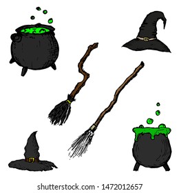 Witch's accessories. Vector cartoon illustrations. Isolated objects on a white background. Hand-drawn style.