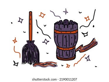 Witch's Barrel And Broom, Drawing In Black, Purple, Gray, On A Transparent Background, For The Design Of The Halloween Holiday