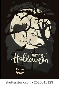 Witch's black cat on a tree branch. Creepy picture with crosses, dry trees against the background of the full moon. Vector illustration, poster for Halloween.	