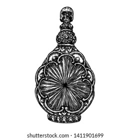 Witch's bottle with magic liquid, line and dot stipple art, hand drawn. Flash tattoo design. Vector