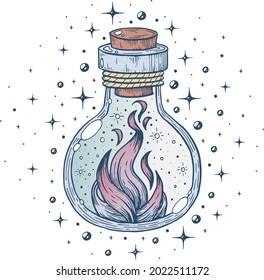 A witch's bottle with a potion, with a magic fire.