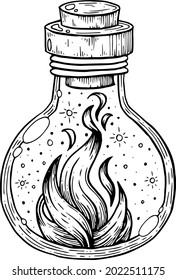 A witch's bottle with a potion, with a magic fire.