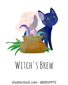 Witch's brew. Black cat and pot with tentacles. Funny Halloween poster or postcard design.