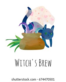 Witch's brew and cute black kitten. Halloween t-shirt or card design. Watercolour imitation.