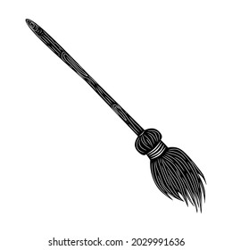 Witch's broom in black, cartoon isolated on white background, vector illustration for design and decor, Halloween, sticker, template