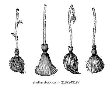 Witch's broom collection.  Hand drawn vector illustration.Broom magic.  Broomstick sketch set. Wooden vintage broom. Traditional Halloween symbol