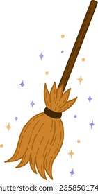 La escoba de la bruja. El concepto del atributo de la brujería. Un elemento decorativo para Halloween. Ilustración vectorial al estilo de las caricaturas. Aislado en un fondo amarillo.