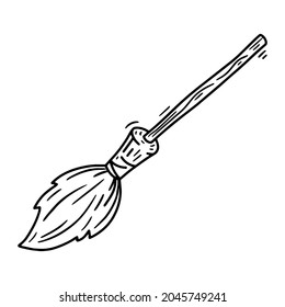 Witch's Broom Halloween linear vector icon in doodle sketch style
