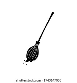 Witch's broom. Hand-drawn vector Halloween broom isolated on a white background.