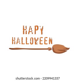A witch's broom and a Happy Halloween inscription. Vector cartoon background for invitations, postcards, tickets and other printing