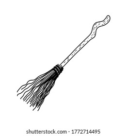 A witch's broom. Broom isolated on a white background.Design for Halloween. Vector illustration in Doodle style