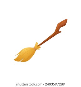 Witch's broom. Magic fairy flying device. Holiday costume accessory. Brush with crooked wooden stick. Isolated cartoon vector illustration.