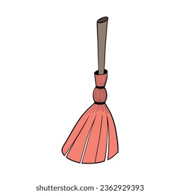 Witch's broom. Magic broom. Old wooden clean tool for housework. Happy Halloween, trick or treat. Isolated vector illustration