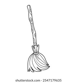 Witch's Broom Outline Vector Illustration. This is a black and white vector illustration of a broom with a whimsical and decorative handle. 