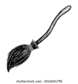 Witch's broom sketch black outline isolated on white background, vector illustration for design and decor, graphics, vintage