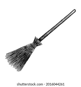 Witch's broom sketch black outline isolated on white background, vector illustration for design and decor, graphics, vintage