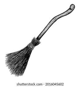 Witch's broom sketch black outline isolated on white background, vector illustration for design and decor, graphics, vintage