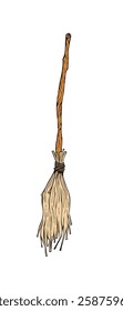 Witch's broom with a twisted wooden handle and straw bristles