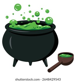 Caldeirão borbulhante com poção mágica ilustração vetor isolado no fundo branco