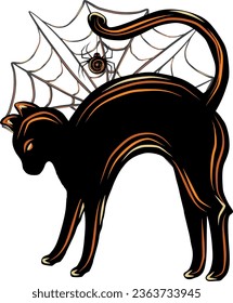 Witch's cat black with spider and cobweb. EPS vector illustration for stickers, creating patterns, wrapping paper, postcards, design template, fabric.