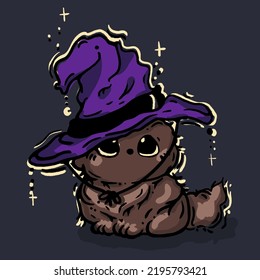 Witch's Cat. A Halloween cat in a witch hat sits at night. Vector illustration. Halloween cat vector concept design. Kawaii style
