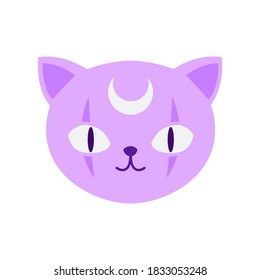 Witch's cat, purple cat face with moon on forehead. flat design style. Vector illustration on a white background