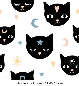 Witch's cat seamless pattern. Vector magic design background. Hand drawn, doodle, sketch magician collection. Witchcraft mystery symbols. Perfect for fabric, wrapping paper