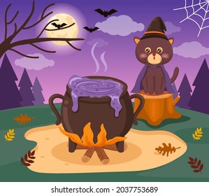 The witch's cat sits guarding the potion boiling pot