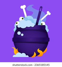 Witch's cauldron with blue boiling potion in the middle and eyes and bones