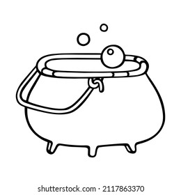 A witch's cauldron of boiling bubbling potion. A simple element of a witch's dish. Cartoon hand-drawn vector illustration in doodle style. Isolated. For Halloween celebration, postcards, stickers.