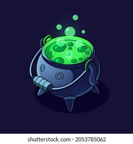 witch's cauldron with boiling green potion on a dark background. Isometric icon. Design element for Halloween illustrations or games.