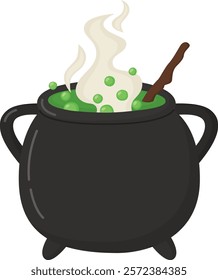 Witch's cauldron with a boiling green potion. Halloween illustration with spooky pot isolated on white